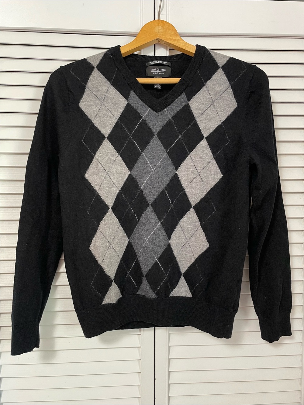 Nordstrom Men’s Shop Medium 100% Merino Wool Black Grey Sweater Preppy Grandpa